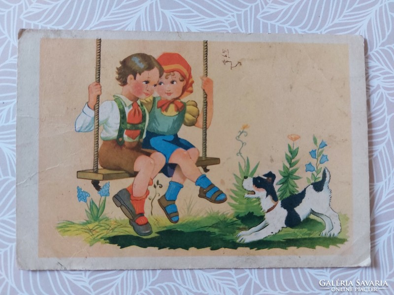 Old postcard postcard swinging children puppy