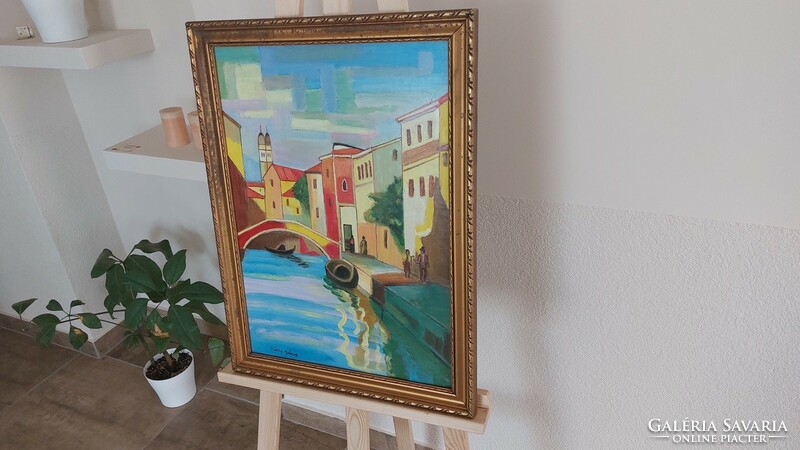 (K) Szép szignózott városkép festmény (Velence) 46x62 cm