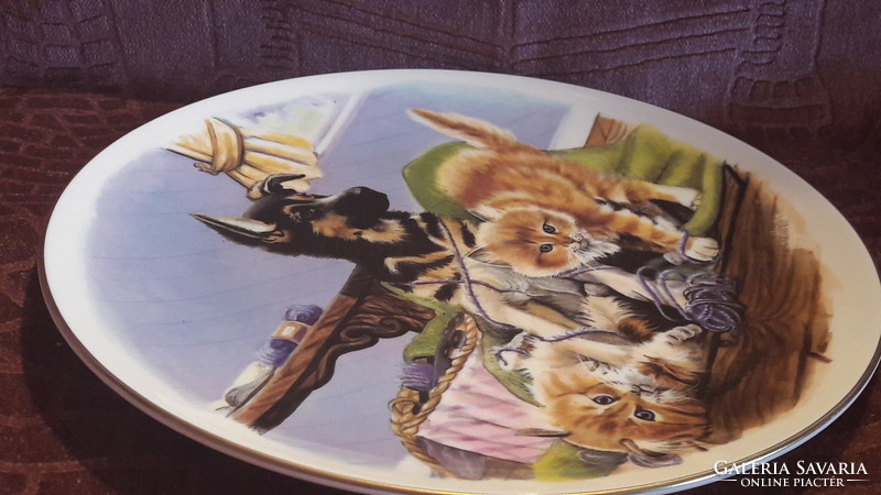 Kutyás és macskás porcelán tányér, falitányér (L2915)