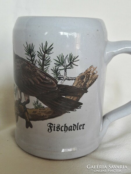 Three glazed ceramic beer mugs, krigli, wooden halberd, wall decoration for hunters, f. Reimann, eagle shell