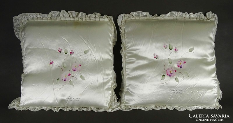 1K209 hand painted floral decorative silk throw pillow pair marked by Kosovar artist