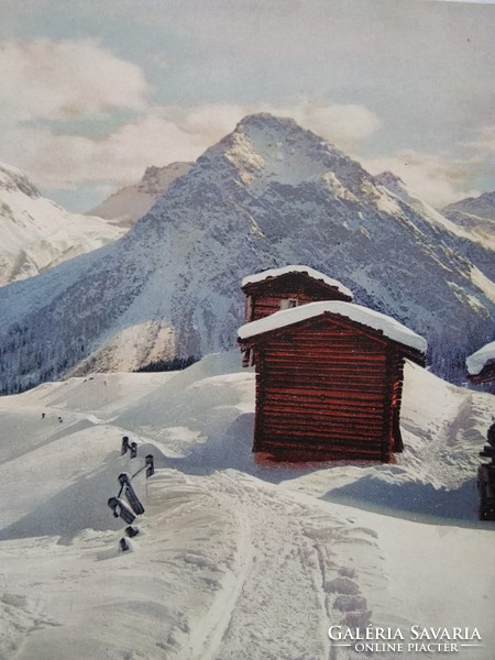 Antik képeslap Svájc havas hegyek Arosa, menedékházak