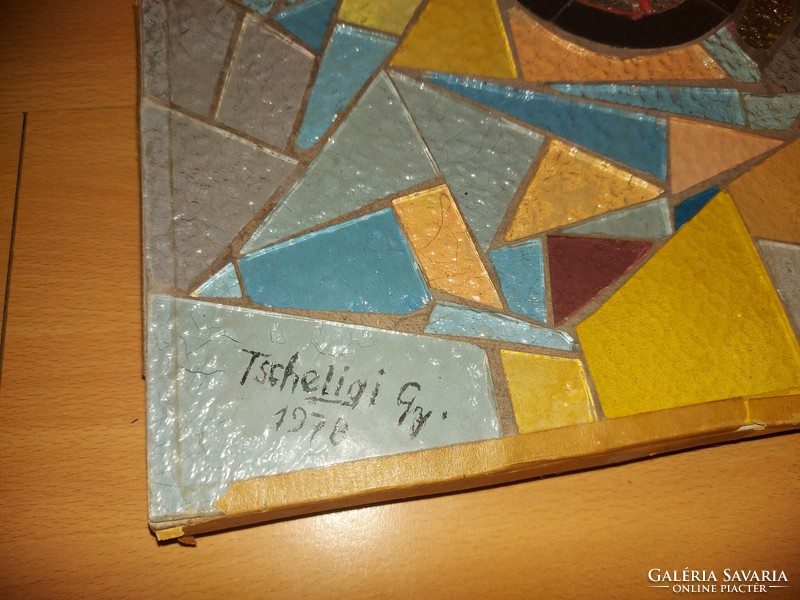 Tscheligi sign glass mosaic picture, on some kind of slate base, 66x43 cm, heavy, two hangers, flawless!
