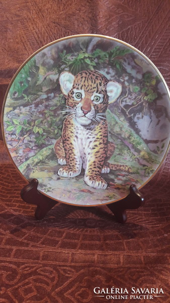 Jaguár kölykös porcelán tányér, dísztányér (L2923)