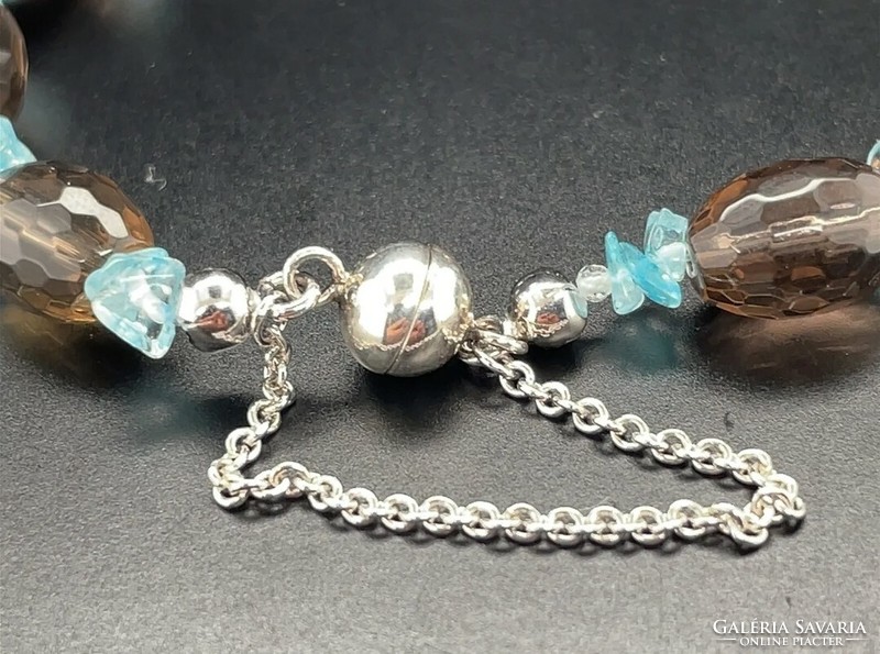 Smoky quartz - aquamarine gemstone bracelet, new with 925 sterling silver clasp