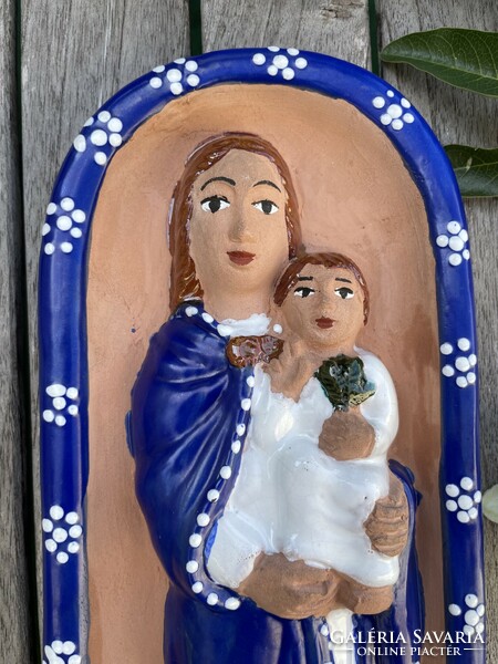 Ceramic painted naïve, folk representation of the Madonna and Child