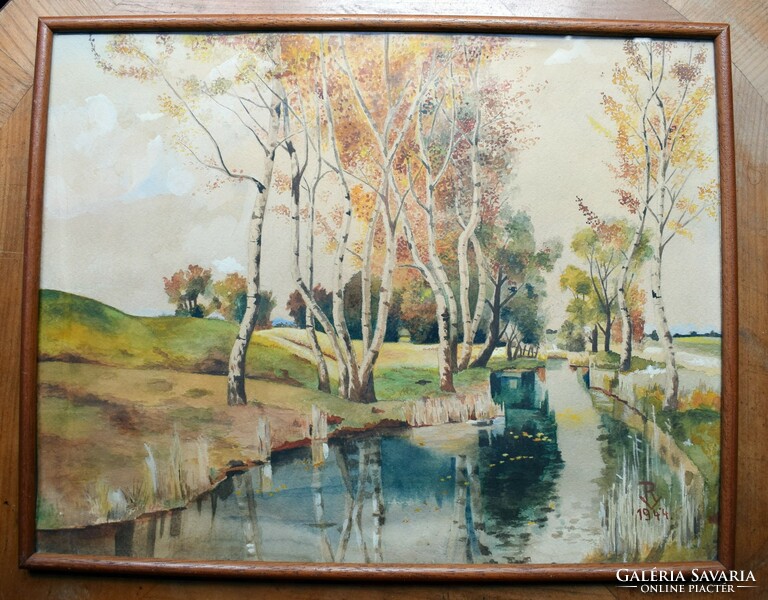 Tájkép festmény patak , akvarell , jelzzett 1944 RV