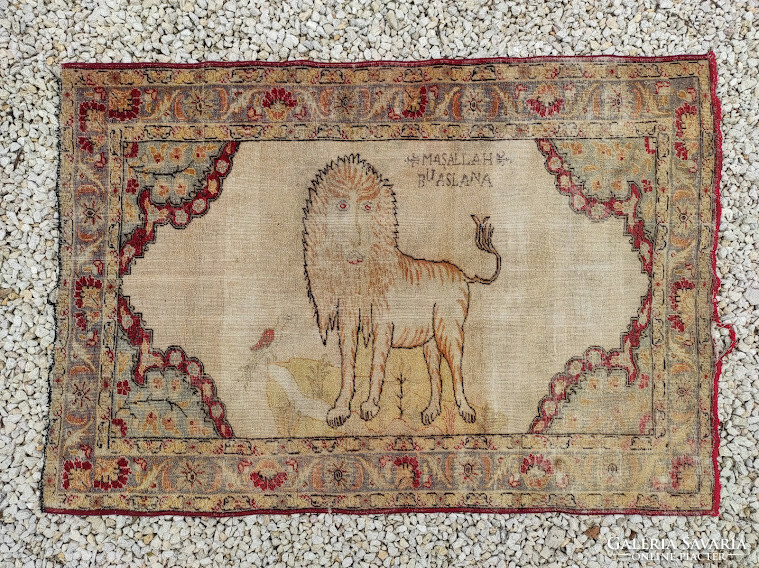 Antik török szőnyeg oroszlán motívum feliratos csomózott kézi csomózású perzsa szőnyeg 5883