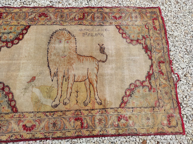 Antique turkish rug lion motif inscribed knotted hand knotted persian rug 5883