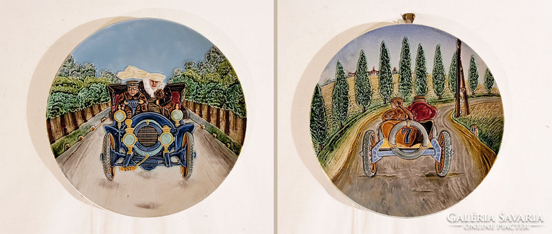 Decorative plate with a couple of car scenes wall plate d=32cm majolica faience bowl plate schütz historic rally