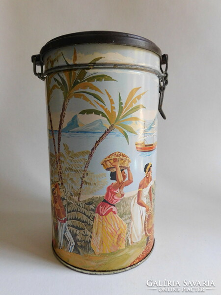 Vintage lithographed buckle coffee holder metal box with Brazilian coffee picking workers