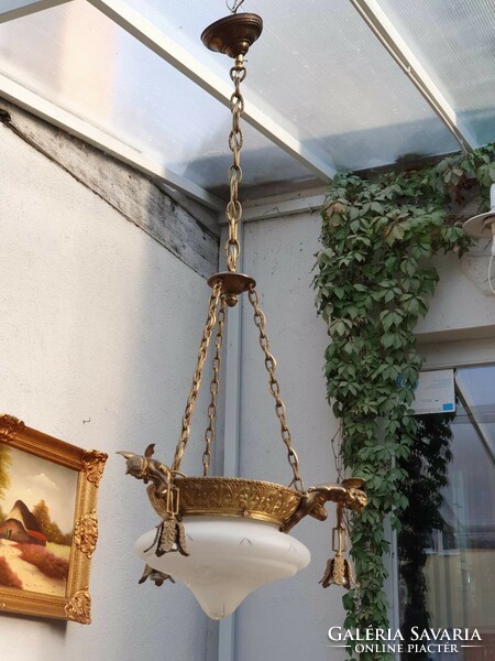 Puttós, cherub, angelic antique sculptural copper 4-bulb neoempire chandelier