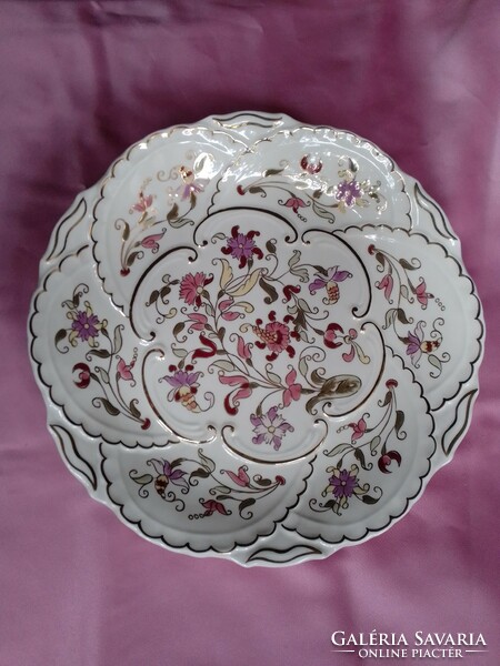 Zsolnay large wall bowl, plate, gold colored folk flower pattern ornament hand painted, brand new flawless