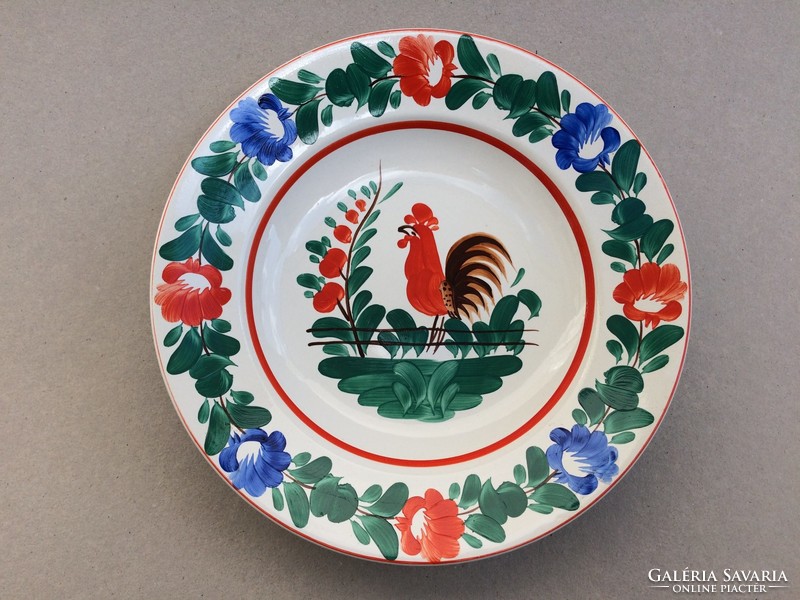 Granite rooster pattern plate, old marked faience decorative plate with rooster