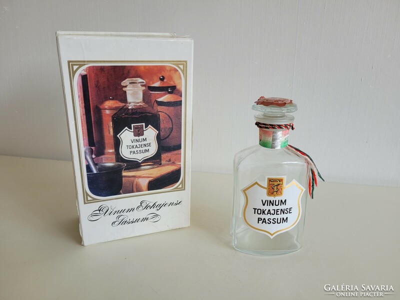 Old retro Tokaji vinum essence corked glass bottle and box