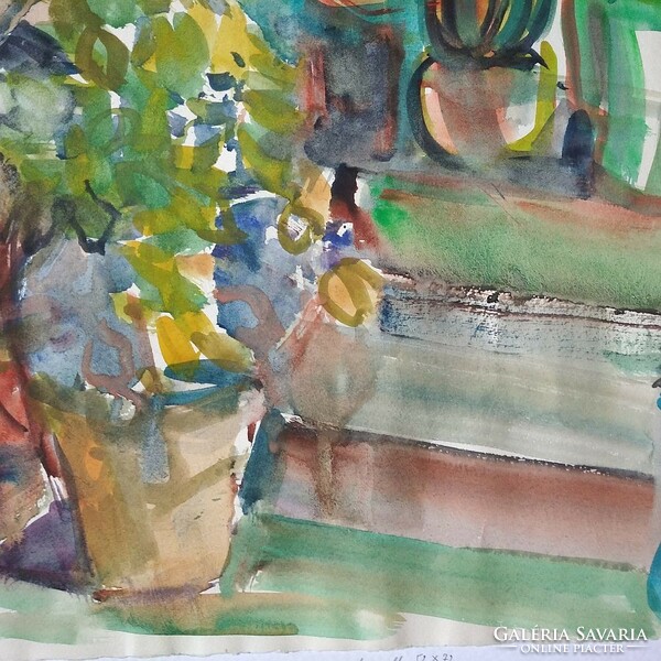 József Litkei: in a studio window c. Beautiful, large-scale watercolor from the artist's estate
