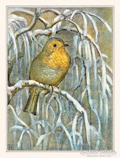 Hoytema - robin on a snowy branch - quilted canvas reprint
