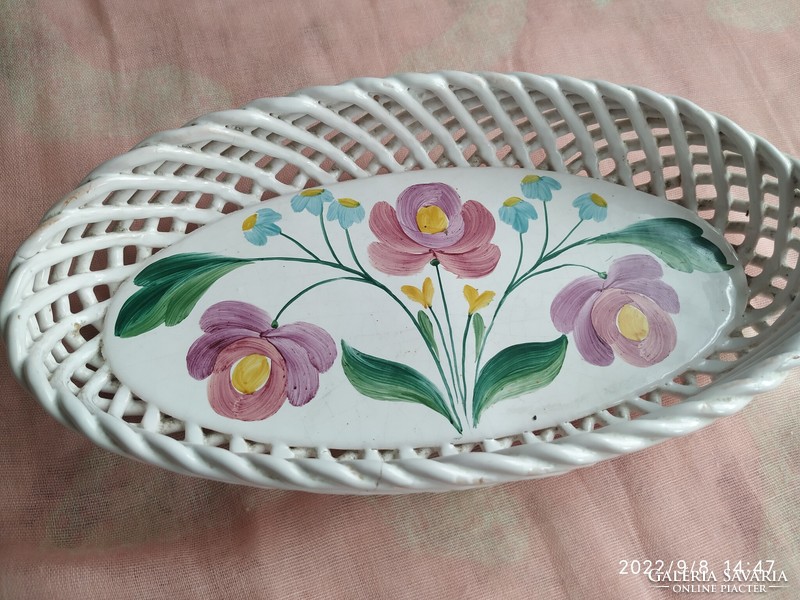 Bodrogkeresztúr hand-painted floral serving bowl for sale! Serving bowl with braided edge for sale!