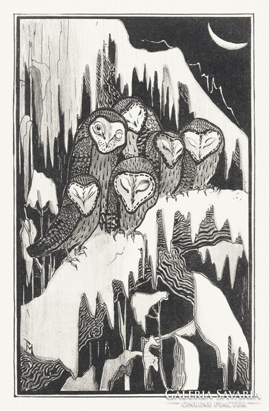 Hoytema - six owls on a snowy branch - blindfold canvas reprint