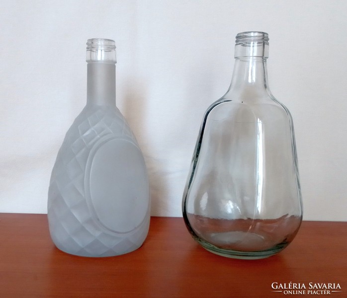 Two old liquor glass bottles, rhombus-patterned frosted glass, for vases or decorations, flawless