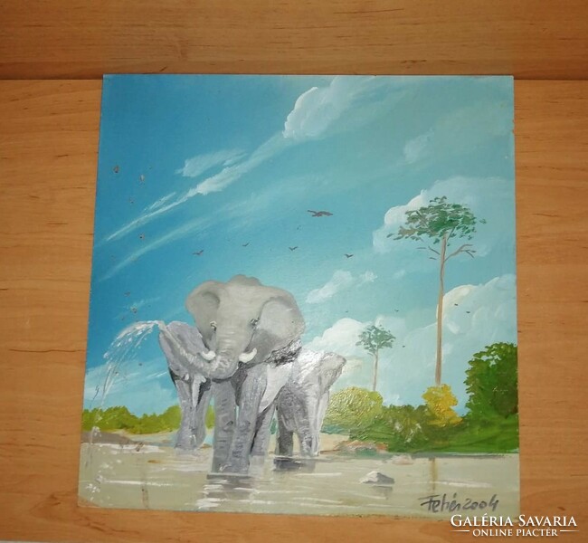 Elefántok festmény Fehér szigno 23*24,5 cm