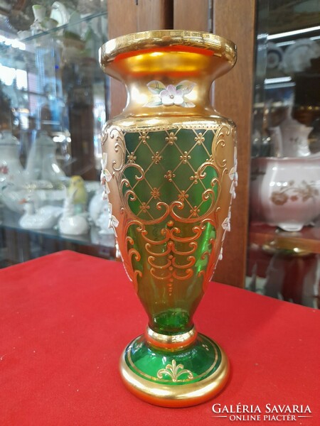 Bohemia, wine crystal green, porcelain flower, glass vase with gold decoration.