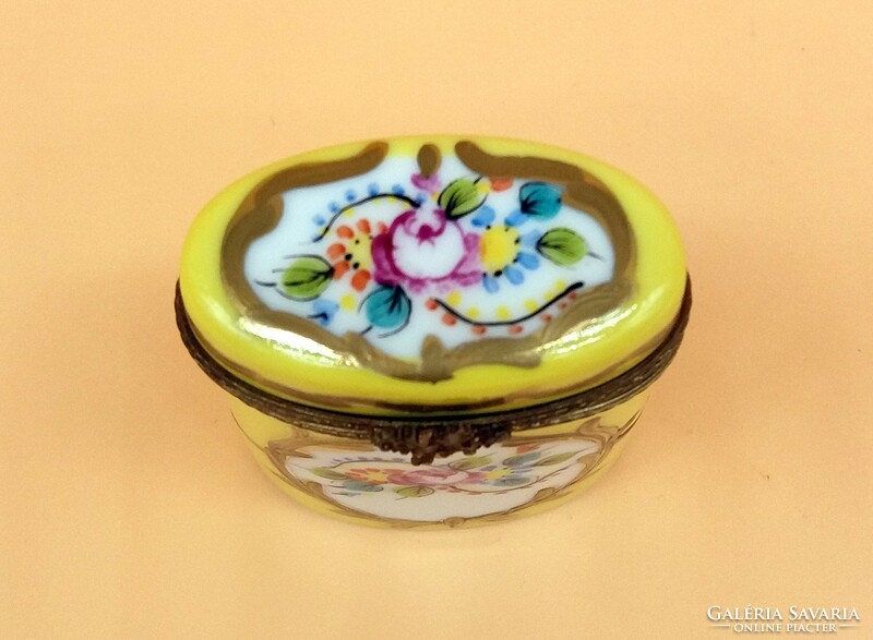 Antique Limoges porcelain bowl with metal fittings, box bonbonier with hand-painted rose decor