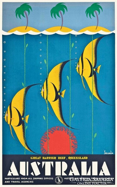 Art deco minimalist vintage advertising poster reprint, Australia coral reef sailing fish palm tree