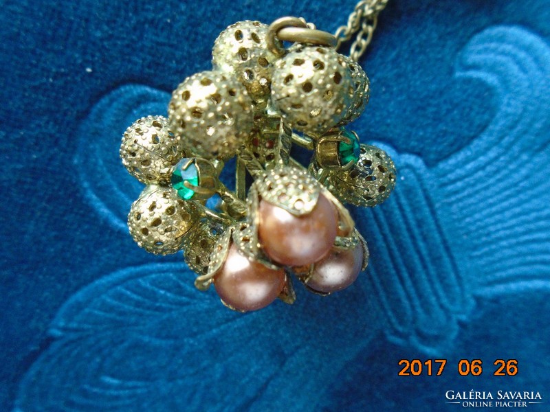 Victorian filigree fire gilded ball pendant with pink pearls and emerald green stones
