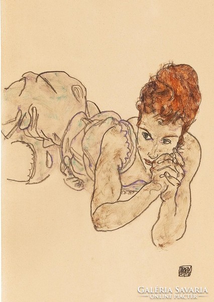 Egon schiele lying woman in lingerie with red hair bun reprint art print