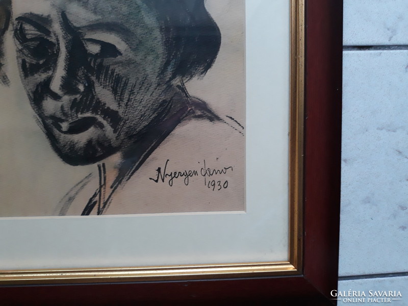 János Nyergesi: portrait, original marked, mixed media, 1930