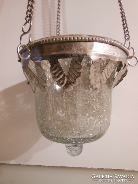 Candle holder - metal - thick - heavy - glass -11 x 11 cm - + chain 36 cm - flawless