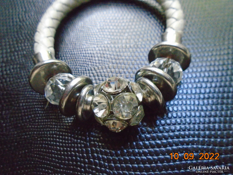 White leather bracelet with polished stone ball, chrome disc beads