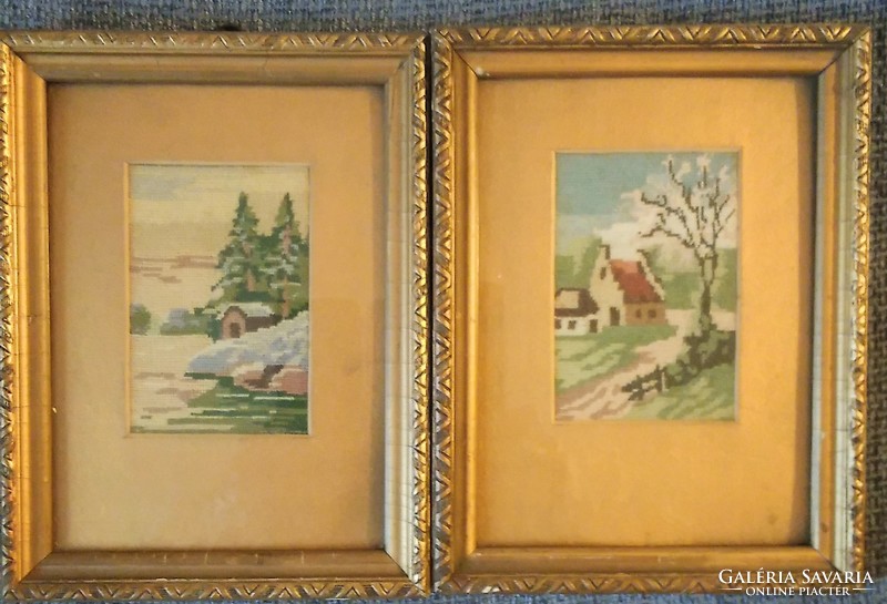 For sale, small-sized pictures made with tapestry technique, in a gilded frame