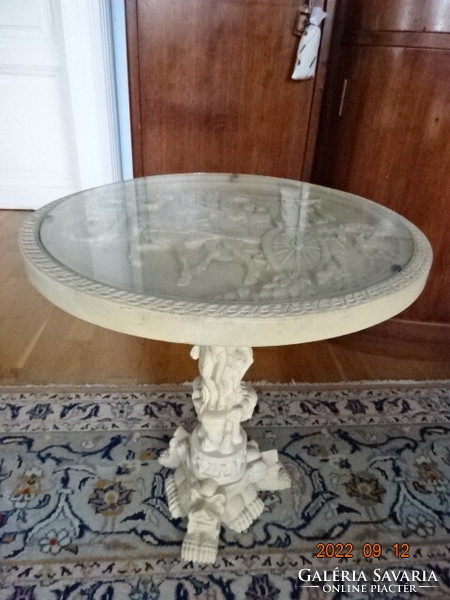Chinese alabaster antique, carved side table with glass top, vintage style. He has!