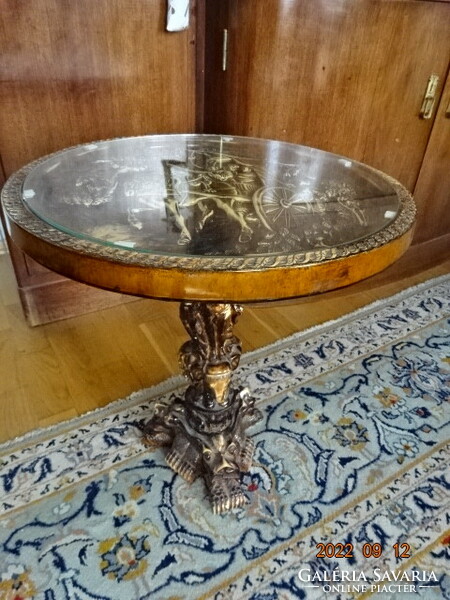 Chinese alabaster antique, carved side table with glass top. Vintage style. He has!