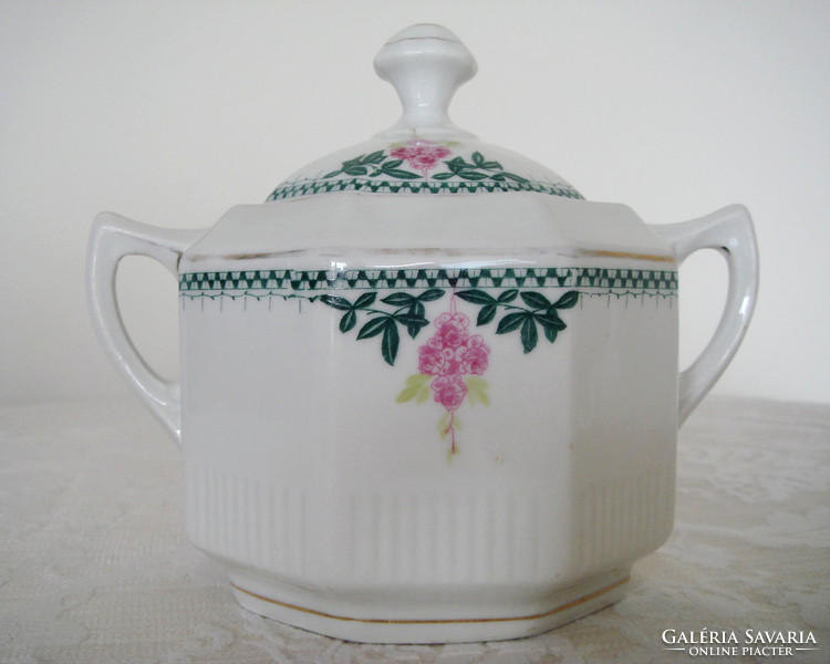 Old porcelain sugar bowl with square floral lid bonbonier