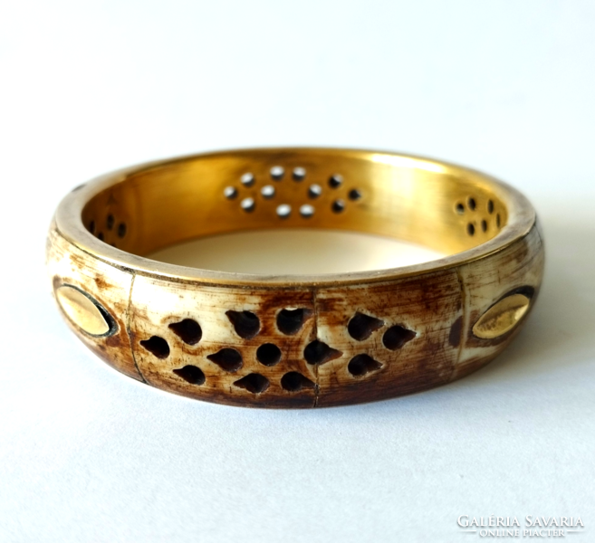 Vintage copper - bone inlay, openwork pattern rigid bracelet