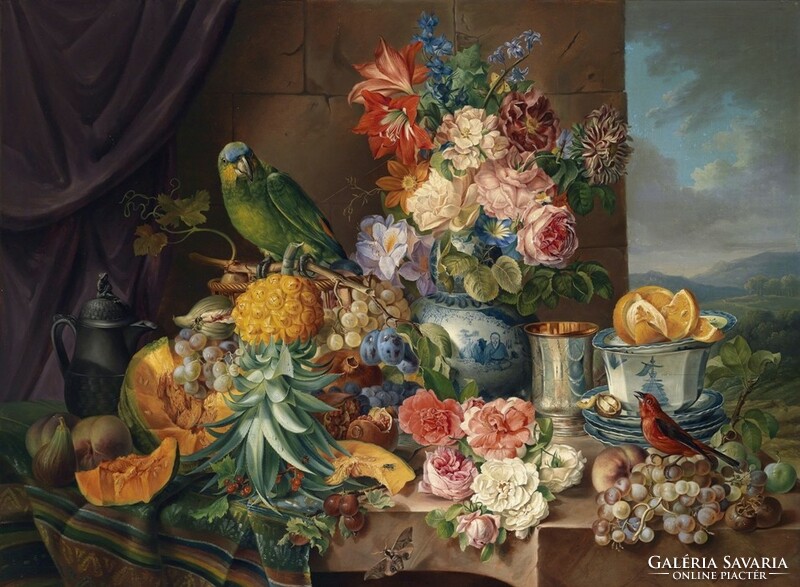 Schuster - still life with flowers and parrot - blindfold canvas reprint