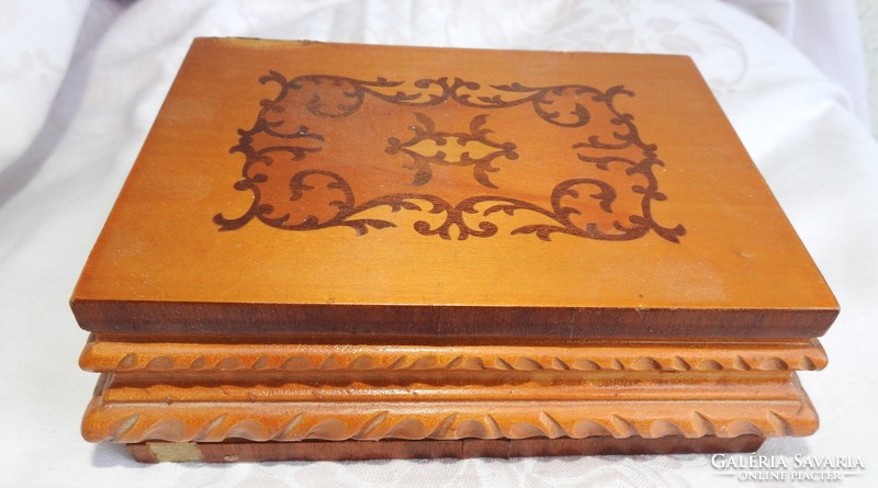 Wood marquetry box with carved sides