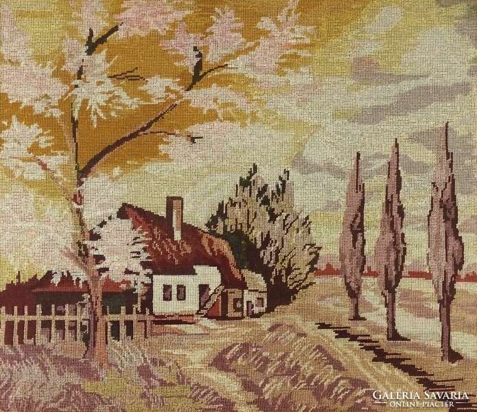 1K430 old tapestry landscape in mahogany frame 48 x 52.5 Cm