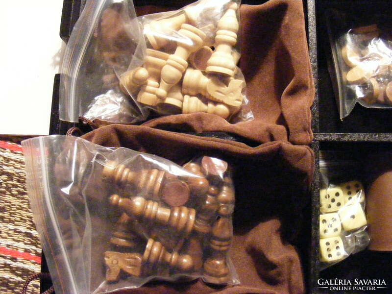 Classic wooden games set - chess, checkers, backgammon, cards, cribbage, dices and dominoes