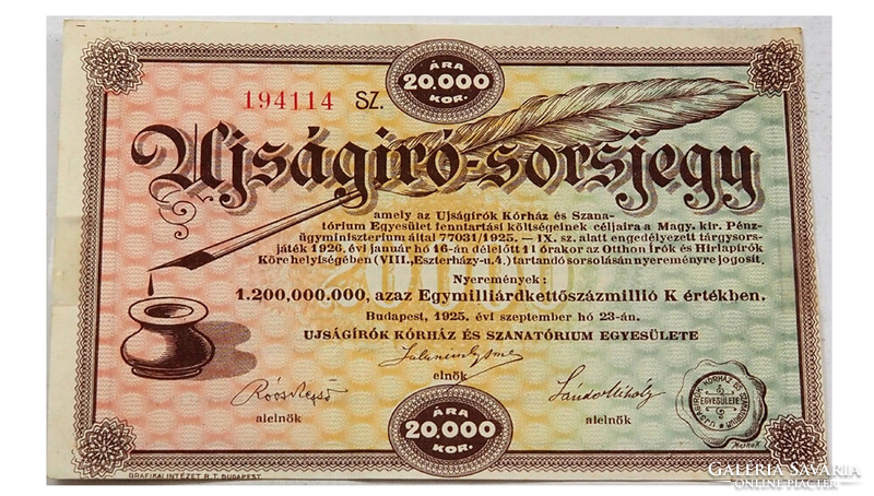 Újságíró sorsjegy 20 ezer Korona UNC 1925 RR