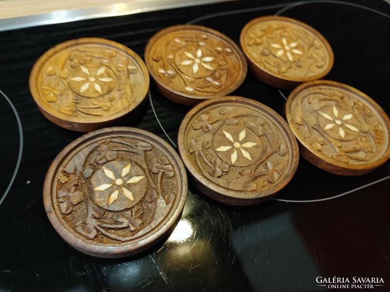 Kuwait copper inlaid ornately carved coasters in a beer coaster holder