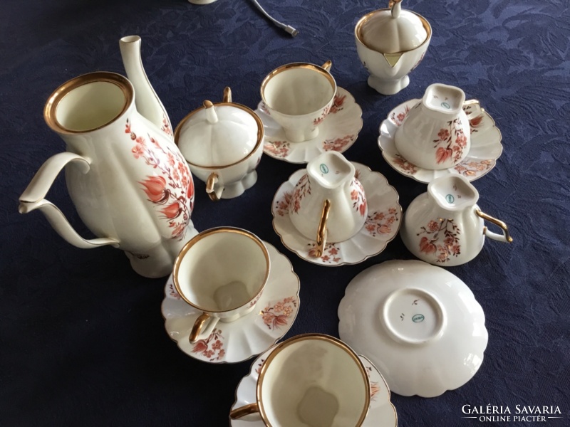 Jiesia porcelán kávéskészlet, 6 személyes, dúsan aranyozott, kézifestésű