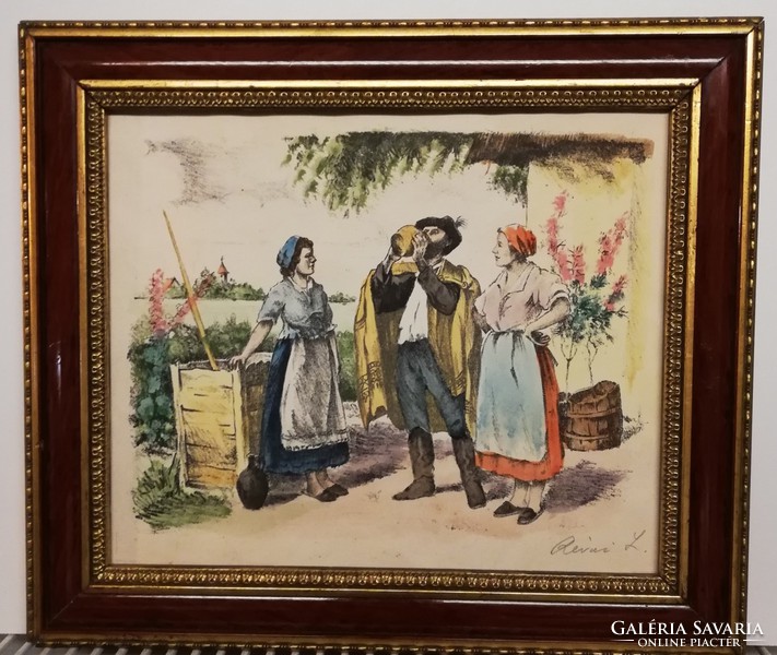 Signed, colored etching (km. 30.5 X 35.5 Beautiful, matching frame)