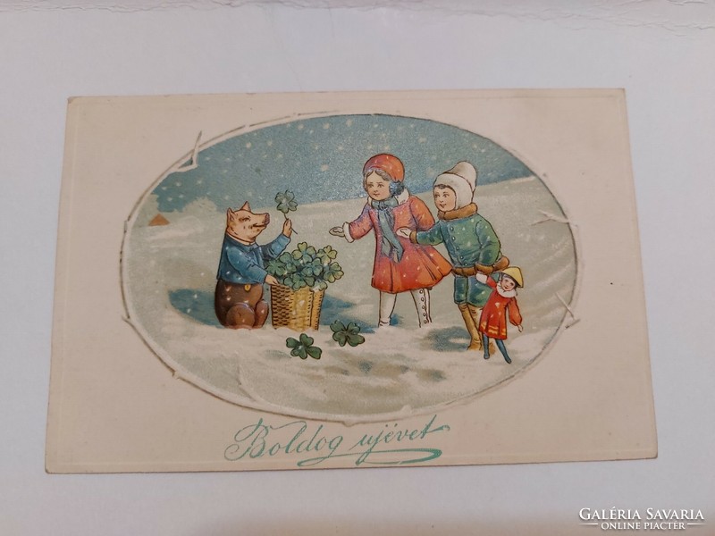 Old New Year's card 1925 embossed postcard children pig clover
