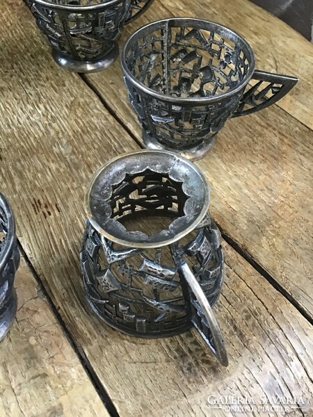 Régi ezüstözött modernista mokkás réz csészék üvegbetét nélkül