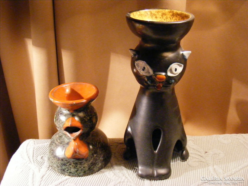 2 retro ceramic cat and rooster candle holders