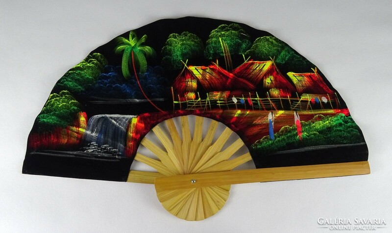 1K463 large black oriental bamboo fan with painted landscape 49.5 Cm